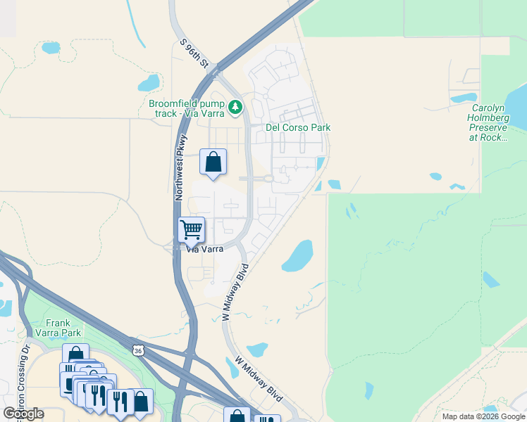 map of restaurants, bars, coffee shops, grocery stores, and more near 13472 Via Varra in Broomfield