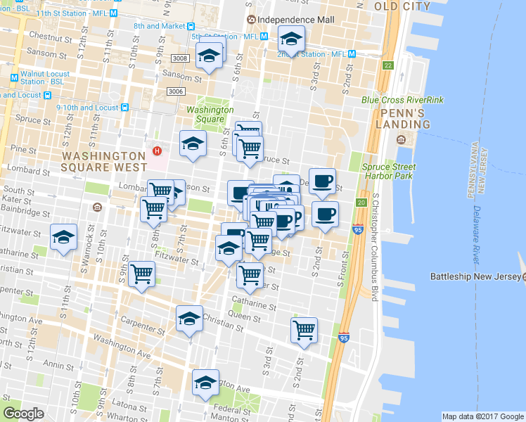 map of restaurants, bars, coffee shops, grocery stores, and more near in Philadelphia