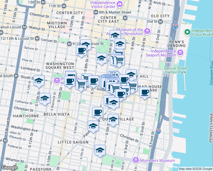 map of restaurants, bars, coffee shops, grocery stores, and more near 517 South Randolph Street in Philadelphia
