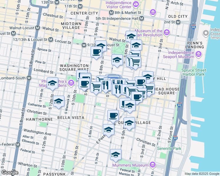 map of restaurants, bars, coffee shops, grocery stores, and more near 617 South Street in Philadelphia