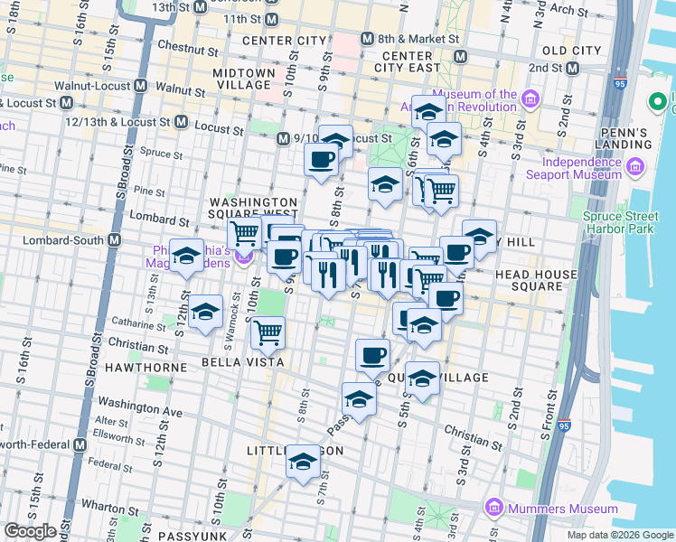 map of restaurants, bars, coffee shops, grocery stores, and more near 607 South 7th Street in Philadelphia