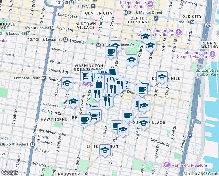 map of restaurants, bars, coffee shops, grocery stores, and more near 824 South Street in Philadelphia