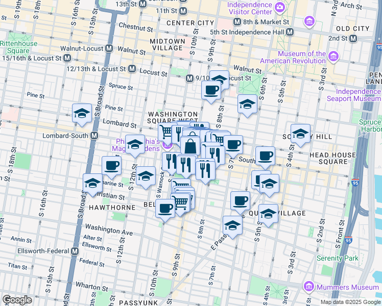 map of restaurants, bars, coffee shops, grocery stores, and more near 618 South 9th Street in Philadelphia