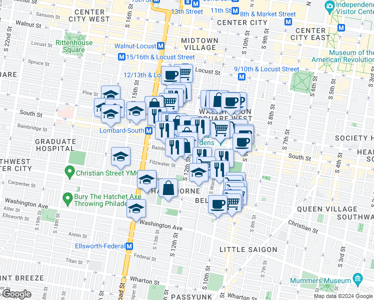 map of restaurants, bars, coffee shops, grocery stores, and more near 711 South 12th Street in Philadelphia