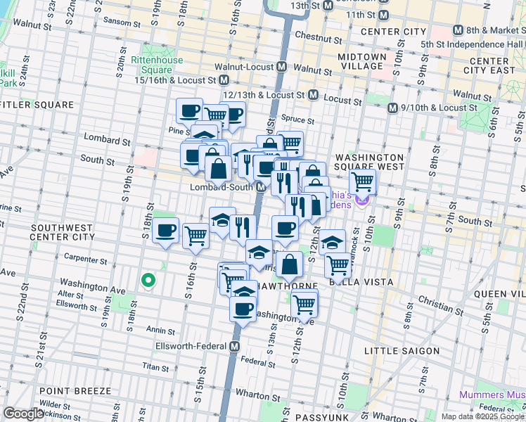 map of restaurants, bars, coffee shops, grocery stores, and more near 1335 Fitzwater Street in Philadelphia