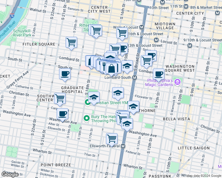 map of restaurants, bars, coffee shops, grocery stores, and more near 742 South 16th Street in Philadelphia