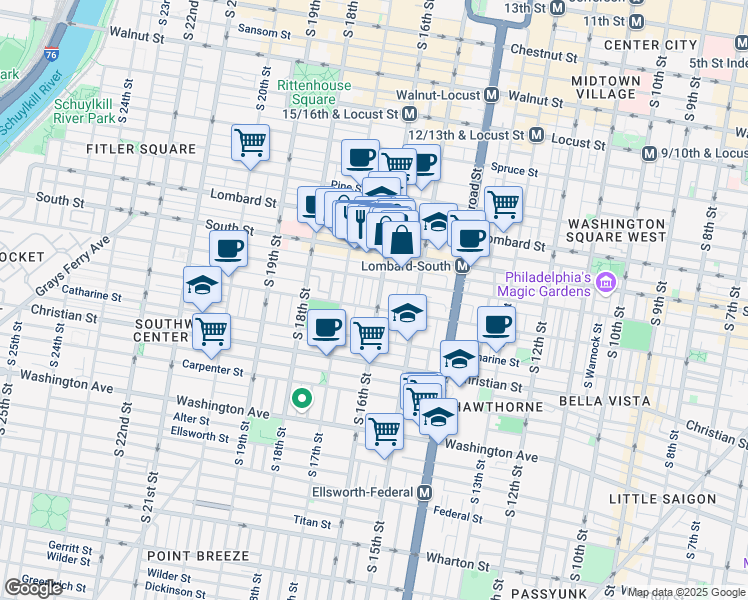 map of restaurants, bars, coffee shops, grocery stores, and more near 742 South 16th Street in Philadelphia