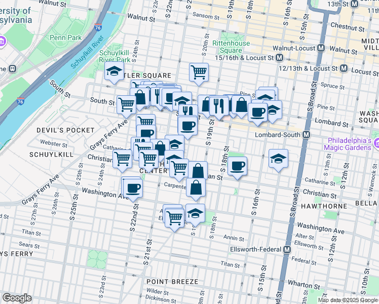 map of restaurants, bars, coffee shops, grocery stores, and more near 777 South 20th Street in Philadelphia