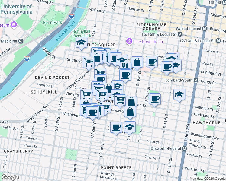 map of restaurants, bars, coffee shops, grocery stores, and more near in Philadelphia