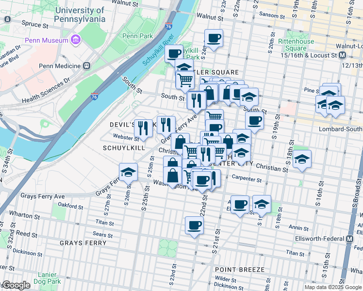 map of restaurants, bars, coffee shops, grocery stores, and more near 2315 Christian Street in Philadelphia