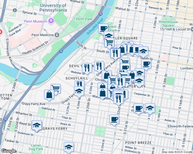 map of restaurants, bars, coffee shops, grocery stores, and more near 908 South 25th Street in Philadelphia