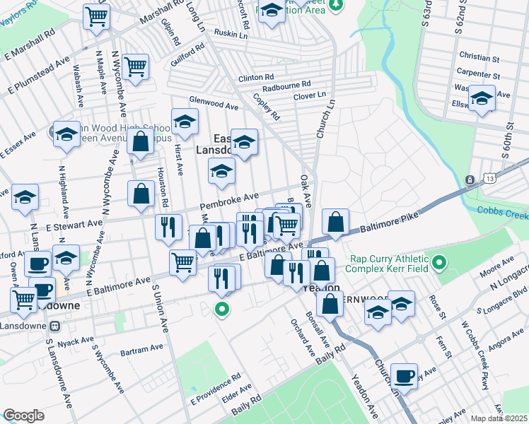 map of restaurants, bars, coffee shops, grocery stores, and more near 42 Lewis Avenue in East Lansdowne