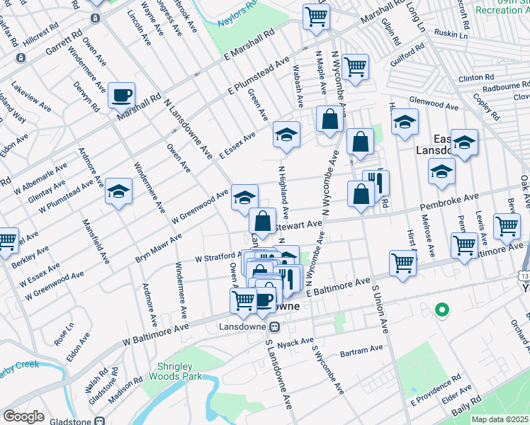 map of restaurants, bars, coffee shops, grocery stores, and more near 105-117 North Lansdowne Avenue in Lansdowne