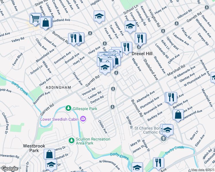 map of restaurants, bars, coffee shops, grocery stores, and more near in Drexel Hill
