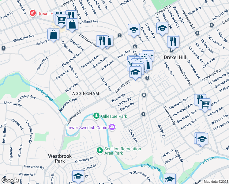 map of restaurants, bars, coffee shops, grocery stores, and more near 4101 Vernon Road in Drexel Hill