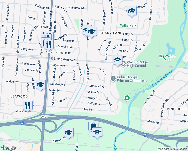 map of restaurants, bars, coffee shops, grocery stores, and more near 4656 Shady Lane Court in Columbus