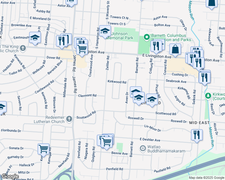 map of restaurants, bars, coffee shops, grocery stores, and more near 1438 South Weyant Avenue in Columbus