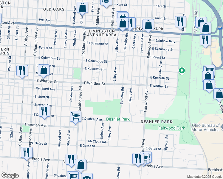 map of restaurants, bars, coffee shops, grocery stores, and more near 1194 Lilley Avenue in Columbus