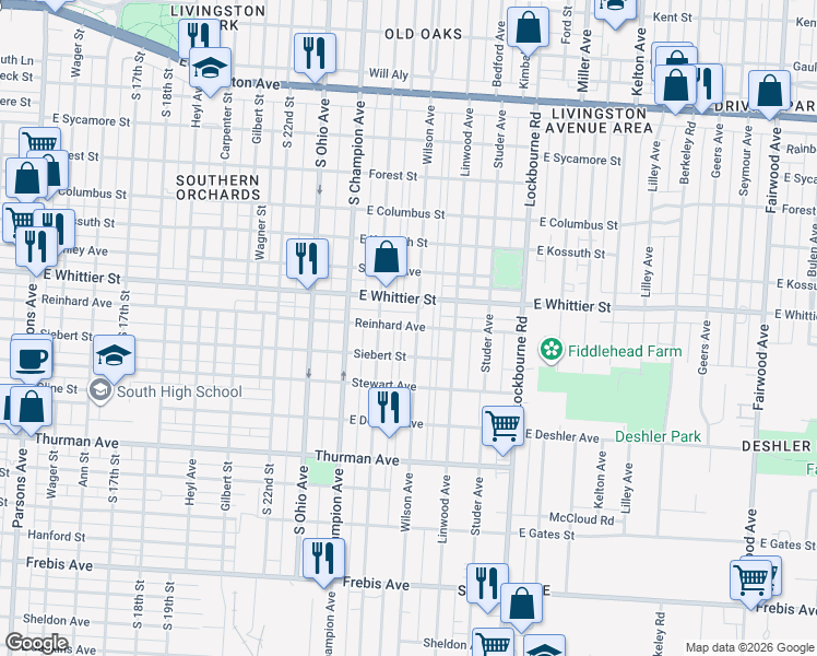 map of restaurants, bars, coffee shops, grocery stores, and more near 1147 Wilson Avenue in Columbus