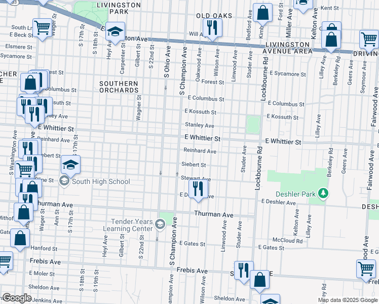 map of restaurants, bars, coffee shops, grocery stores, and more near 1133 Oakwood Avenue in Columbus