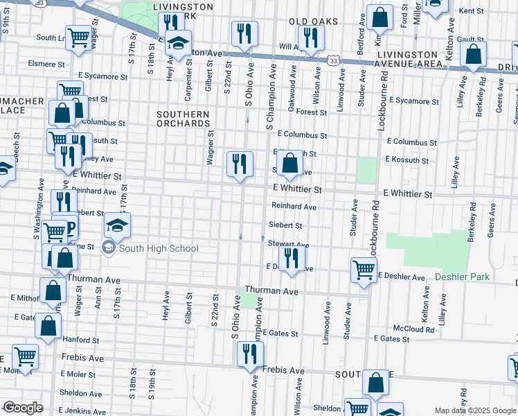 map of restaurants, bars, coffee shops, grocery stores, and more near 1133 South Champion Avenue in Columbus