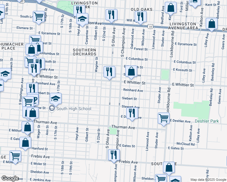 map of restaurants, bars, coffee shops, grocery stores, and more near 1133 South Champion Avenue in Columbus