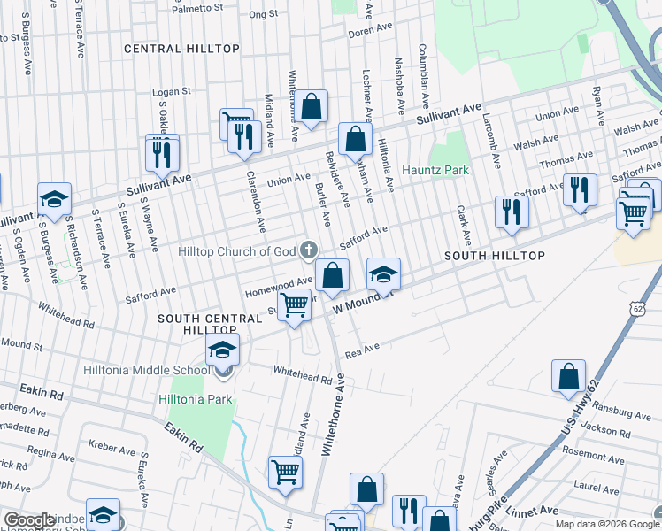 map of restaurants, bars, coffee shops, grocery stores, and more near 664 Whitethorne Avenue in Columbus