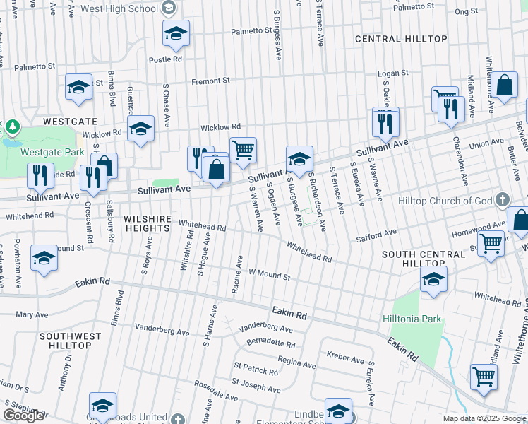 map of restaurants, bars, coffee shops, grocery stores, and more near 636 South Warren Avenue in Columbus