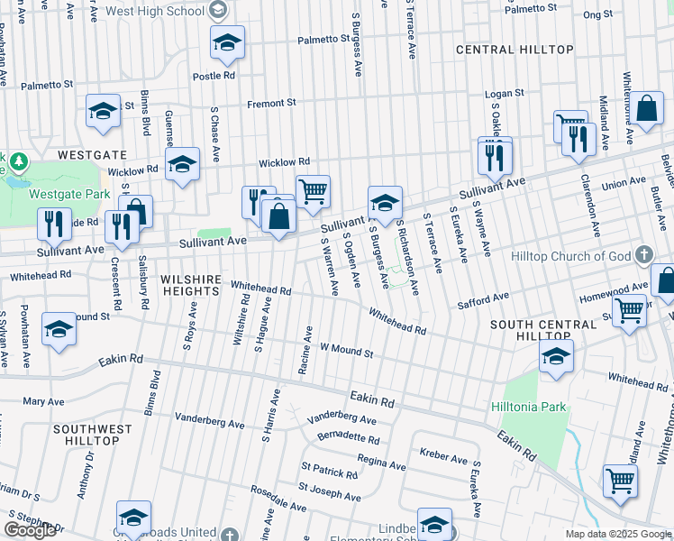 map of restaurants, bars, coffee shops, grocery stores, and more near 636 South Warren Avenue in Columbus