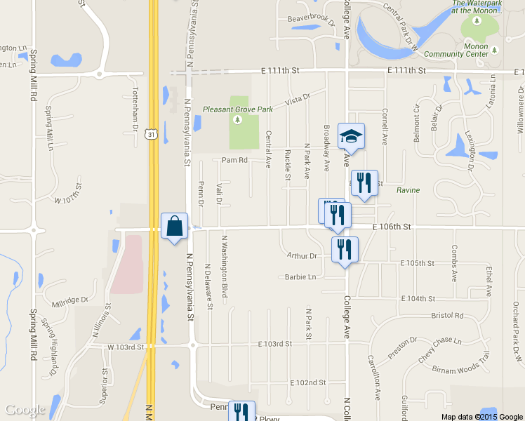 map of restaurants, bars, coffee shops, grocery stores, and more near 10600 Central Avenue in Indianapolis