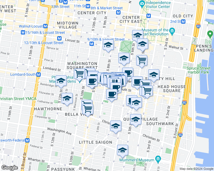 map of restaurants, bars, coffee shops, grocery stores, and more near 729 South Street in Philadelphia