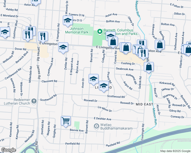 map of restaurants, bars, coffee shops, grocery stores, and more near 1400 Barnett Road in Columbus