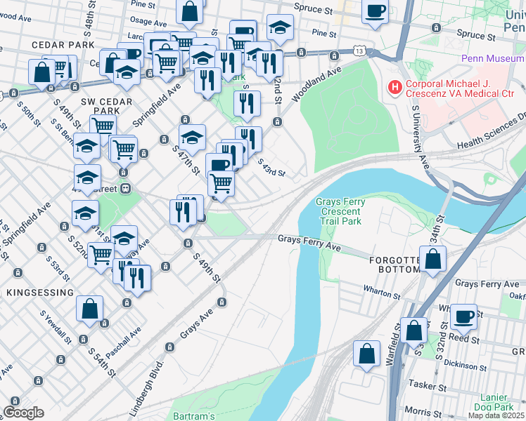 map of restaurants, bars, coffee shops, grocery stores, and more near 4609 Paschall Avenue in Philadelphia