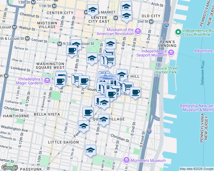 map of restaurants, bars, coffee shops, grocery stores, and more near 432-36 South Street in Philadelphia