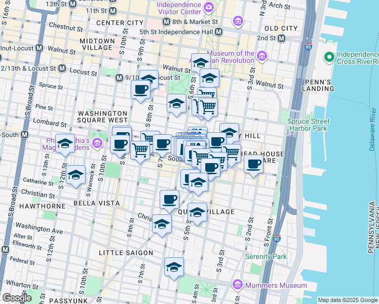 map of restaurants, bars, coffee shops, grocery stores, and more near 514 Randolph Court in Philadelphia