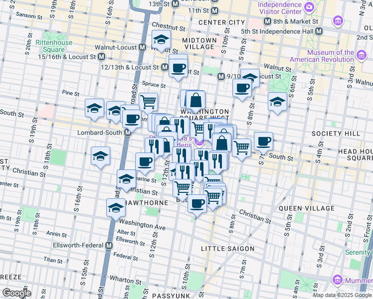 map of restaurants, bars, coffee shops, grocery stores, and more near 620 South 11th Street in Philadelphia