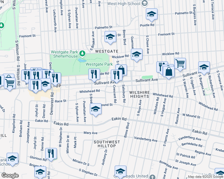 map of restaurants, bars, coffee shops, grocery stores, and more near 606 Crescent Road in Columbus