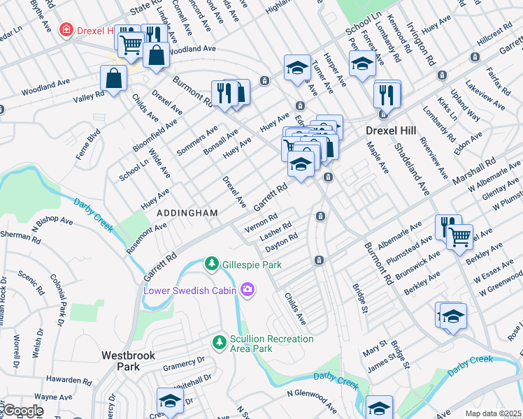 map of restaurants, bars, coffee shops, grocery stores, and more near 4014 Garrett Road in Upper Darby