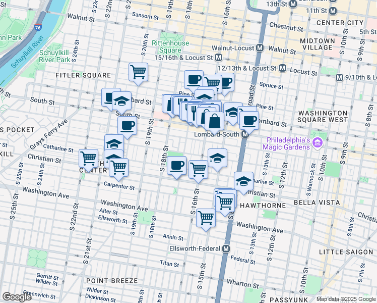 map of restaurants, bars, coffee shops, grocery stores, and more near 1635 Fitzwater Street in Philadelphia