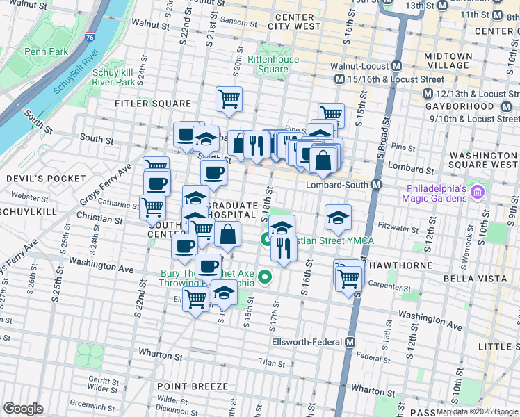 map of restaurants, bars, coffee shops, grocery stores, and more near 743 South Cleveland Street in Philadelphia