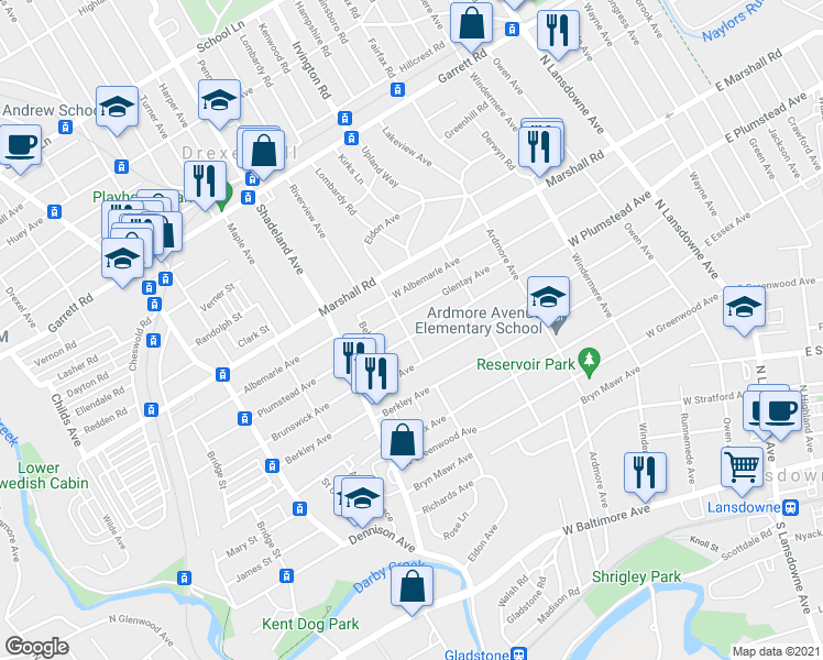 map of restaurants, bars, coffee shops, grocery stores, and more near 229 West Plumstead Avenue in Lansdowne