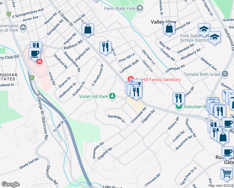 map of restaurants, bars, coffee shops, grocery stores, and more near Tri Hill Drive in York
