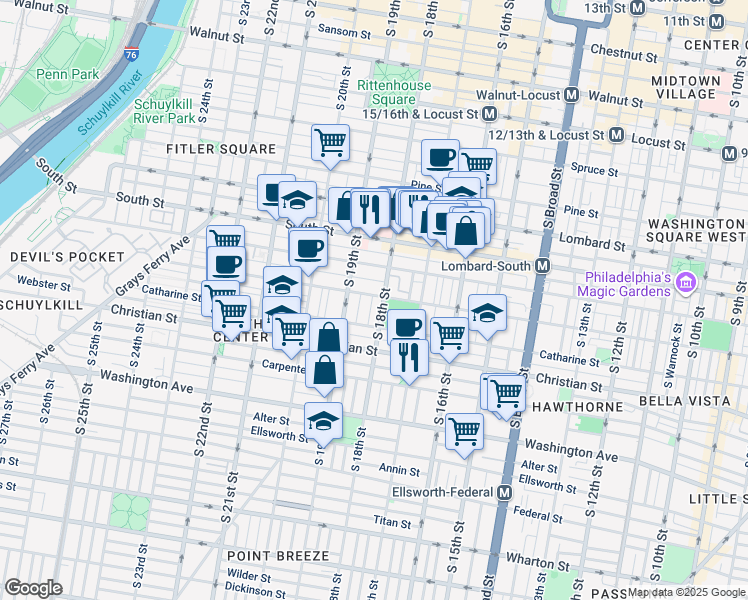 map of restaurants, bars, coffee shops, grocery stores, and more near 743 South Cleveland Street in Philadelphia