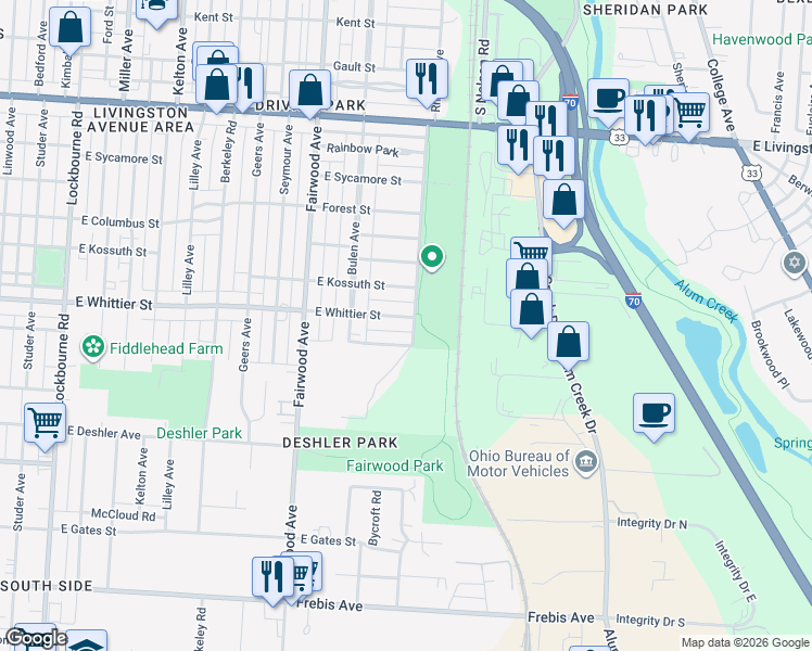 map of restaurants, bars, coffee shops, grocery stores, and more near 1724 Reinhard Avenue in Columbus