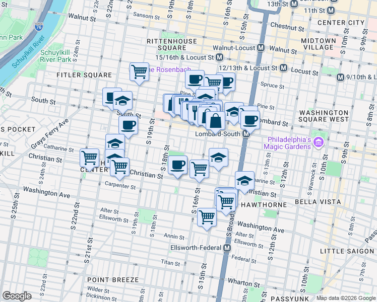 map of restaurants, bars, coffee shops, grocery stores, and more near 744 South 17th Street in Philadelphia