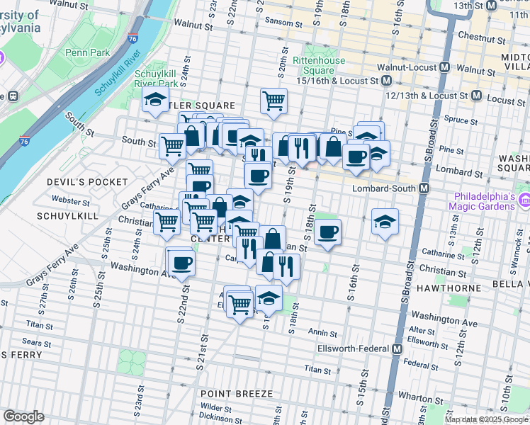 map of restaurants, bars, coffee shops, grocery stores, and more near 742 South Harshaw Street in Philadelphia