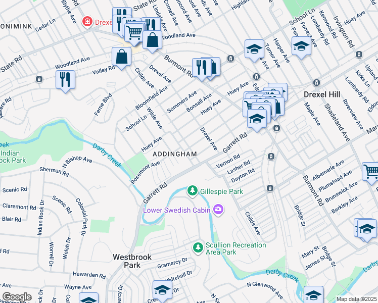 map of restaurants, bars, coffee shops, grocery stores, and more near 4202 Rosemont Avenue in Drexel Hill