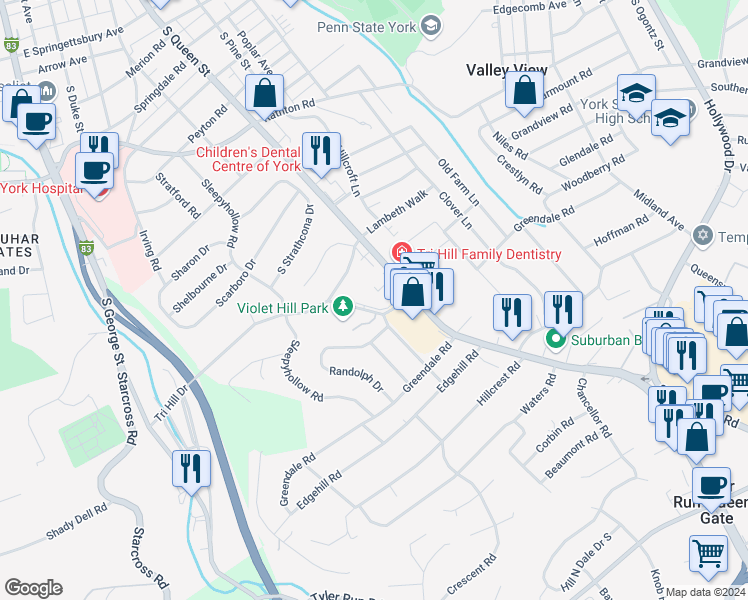 map of restaurants, bars, coffee shops, grocery stores, and more near Tri Hill Drive in York
