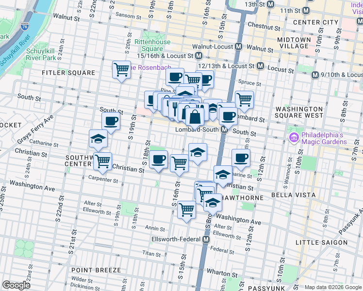 map of restaurants, bars, coffee shops, grocery stores, and more near 742 South 16th Street in Philadelphia