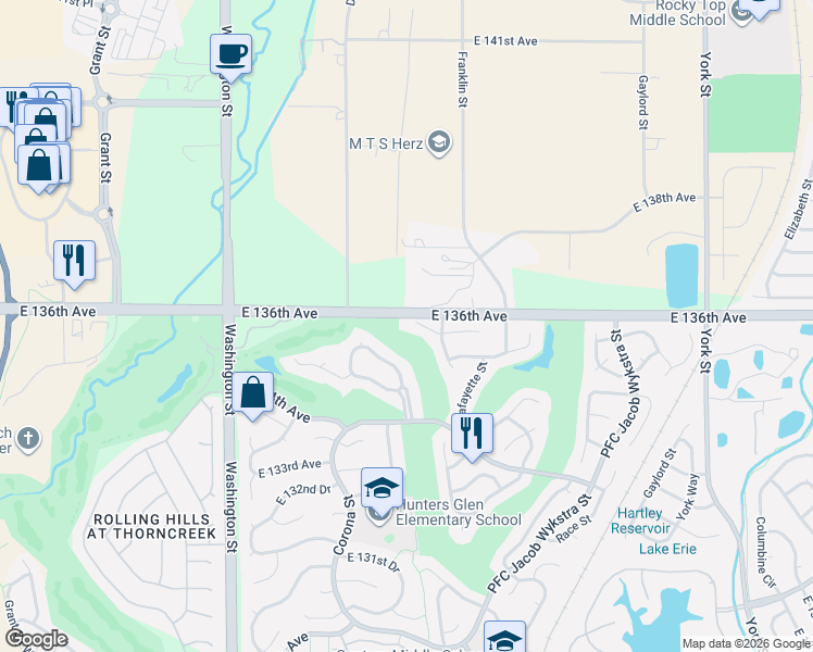 map of restaurants, bars, coffee shops, grocery stores, and more near 1222 East 135th Place in Thornton